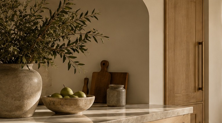 Warm oak cabinetry, natural stone and olive branches in a styled interior